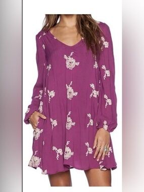 Free People Austin Plum Floral Embroidered Long Sleeve Mini Dress
